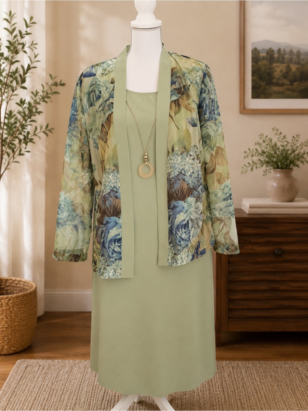 Pride & Joy Size 18 Sage Green Dress Floral Jacket Necklace 3 Piece Set